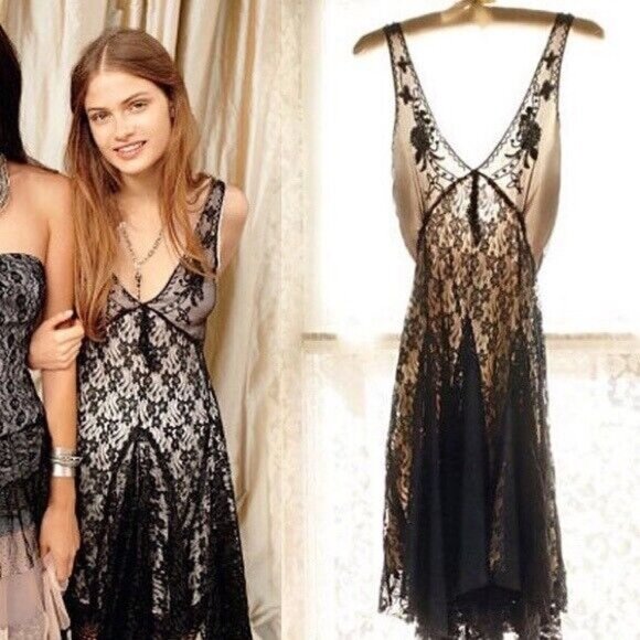 Free People Dresses & Skirts - Free People One Clara Beaded Lace Black Vintage Formal Fairy Midi Slip Dress S